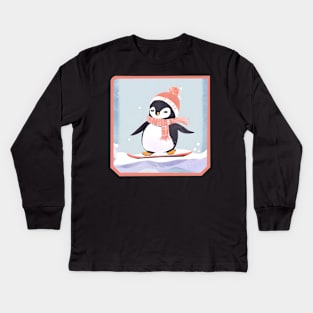 Penguin on snowboard Kids Long Sleeve T-Shirt